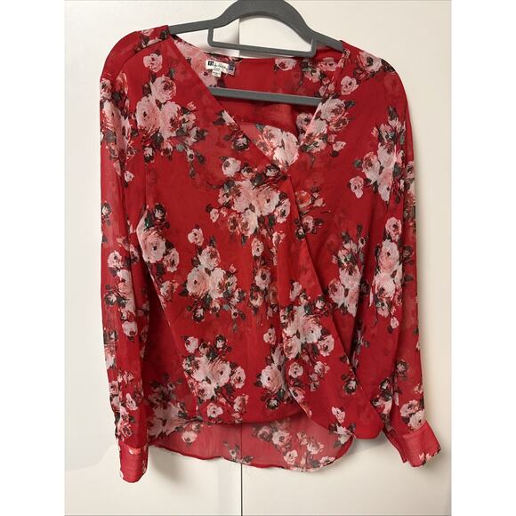 Kut From The Kloth Red Floral Semi Sheer Blouse Size L Lagenlook Boho Dressy - Picture 1 of 15